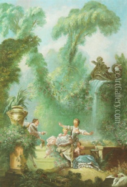 Elegant Figures Dancing In A Garden With A Waterfall Behind Oil Painting - Jean-Honore Fragonard