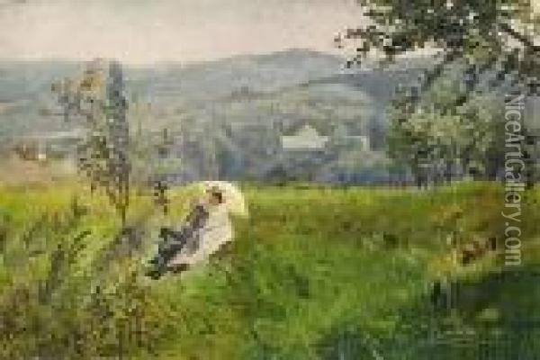 Summerly Landscape With Resting Couple Oil Painting - Johann Hamza