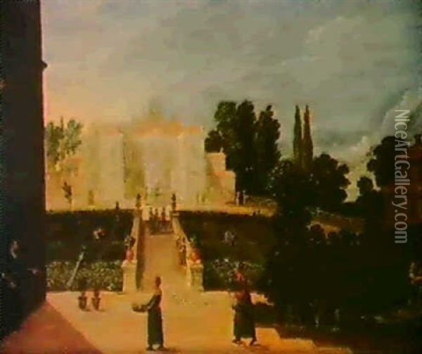 Scene De Jardin Dans Une Villa Italienne Oil Painting - Louis de Caullery