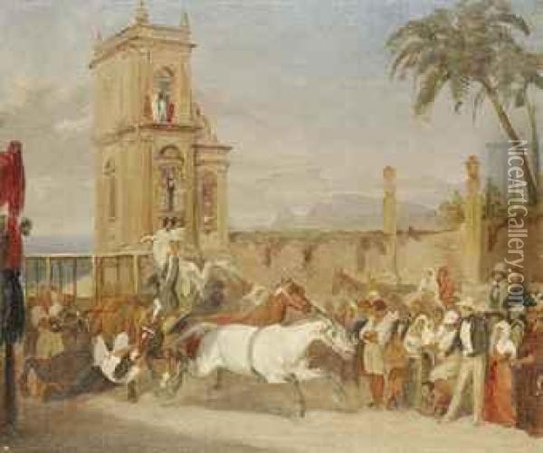 Wild Horses Rearing At The Start Of A Race In A Mexican Plaza Oil Painting - Johann Moritz Rugendas