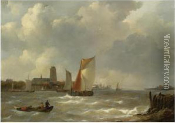 A View On The Merwede, Dordrecht Oil Painting - Johannes Christian Schotel