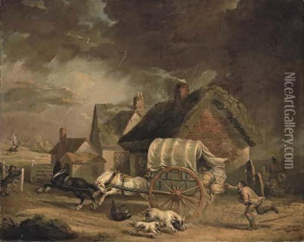 The Runaway Wagon Oil Painting - James Ward