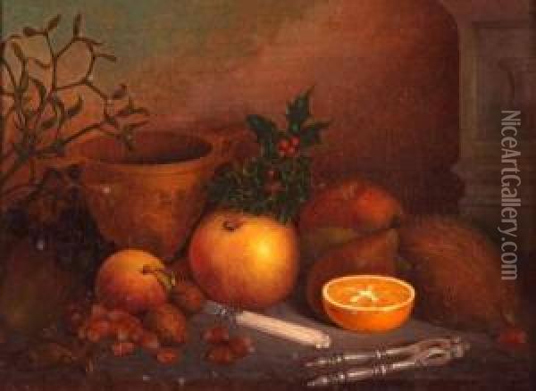 Still Life Study Of Mixed Fruit, Coconut, Nuts And Holly Oil Painting - Eloise Harriet Stannard