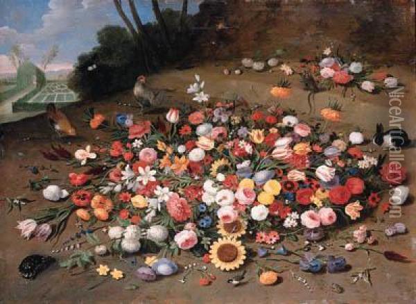 Parrot Tulips, Roses, 
Sunflowers, Lilies, Dahlias, Poppies,cornflowers, Narcissi, Daffodils, 
Irises And Other Flowers, Withchickens, A Tortoise, A Rabbit, A Monkey, A
 Great Tit, A Jay,butterflies, And Two Frogs On A Hillside, An 
Ornamental Gardenb Oil Painting - Jan van Kessel