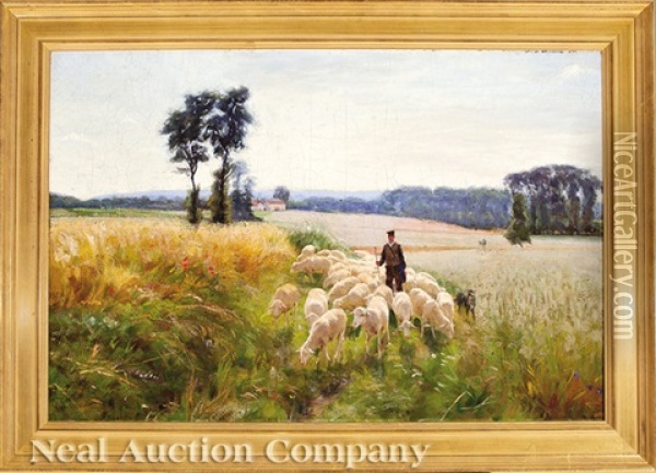 A Shepherd And His Flock Within A Vast Landscape Oil Painting - Gaylord Sangston Truesdell