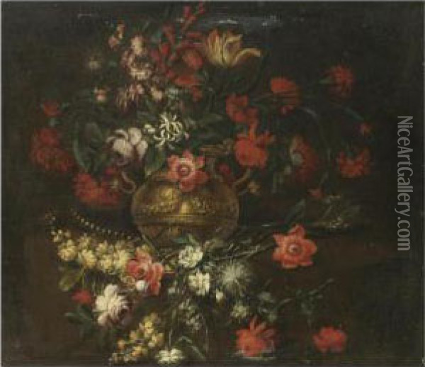 A Still Life With Carnations, Roses, Tulips, Foxgloves And Other Flowers In A Sculpted Urn Oil Painting - Vicenzino