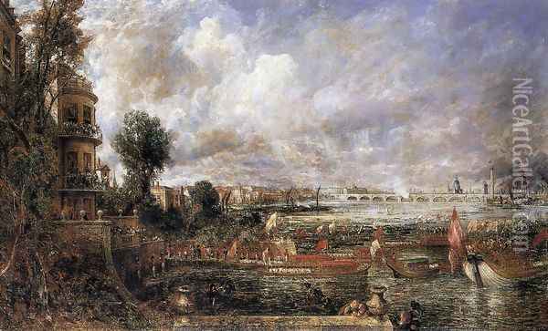The Opening of Waterloo Bridge seen from Whitehall Stairs, June 18th 1817 Oil Painting - John Constable