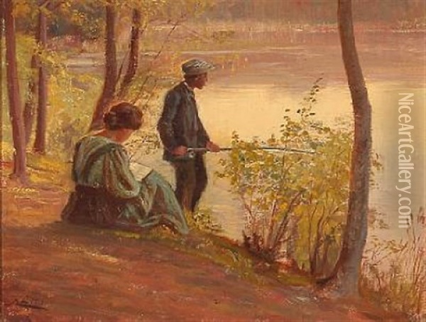 Young Couple At A Forest Lake Oil Painting - Knud Erik Larsen