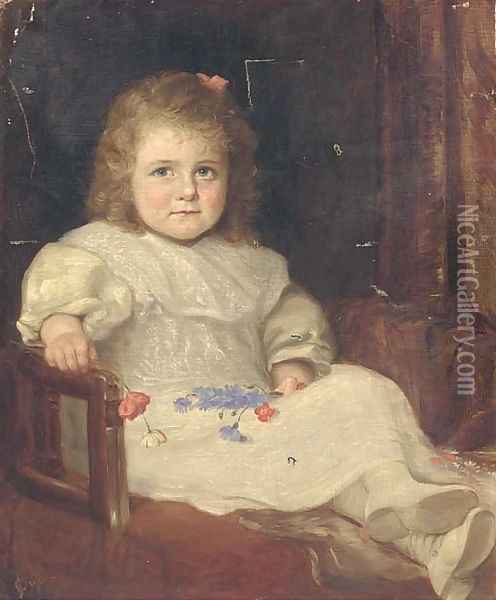 Portrait of a young girl, seated full-length, in a white dress, holding cornflowers and poppies in her hands Oil Painting - English School