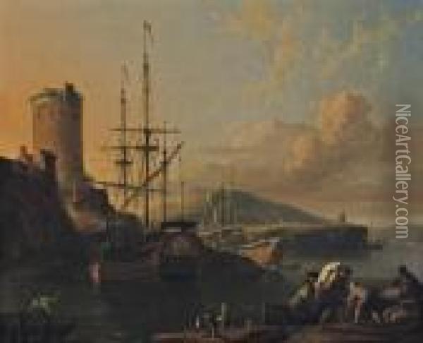 A Mediterranean Coastal Scene At
 Sunset With A Royal Yacht Being Caulked, A Tower By A Fort Nearby, 
Sailors Unloading Cargo In The Foreground Oil Painting - Ludolf Backhuysen