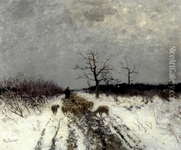 Schafer Mit Seiner Herde Im Winter Oil Painting - Richard Von Poschinger