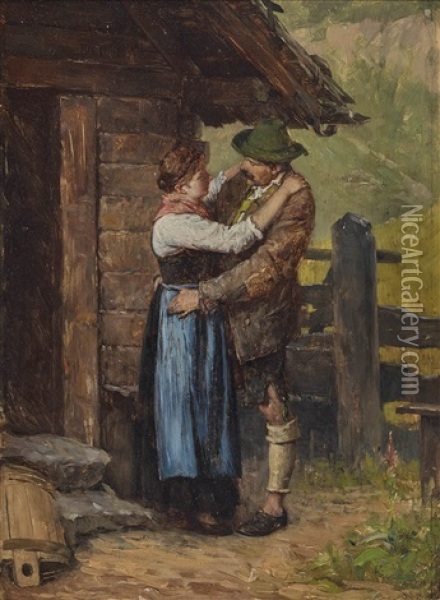 A Lad And A Girl In Front Of An Alpine Hut Oil Painting - Hugo Kaufmann