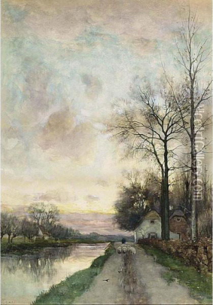 A River Landscape At Dusk Oil Painting - Fredericus Jacobus Van Rossum Du Chattel