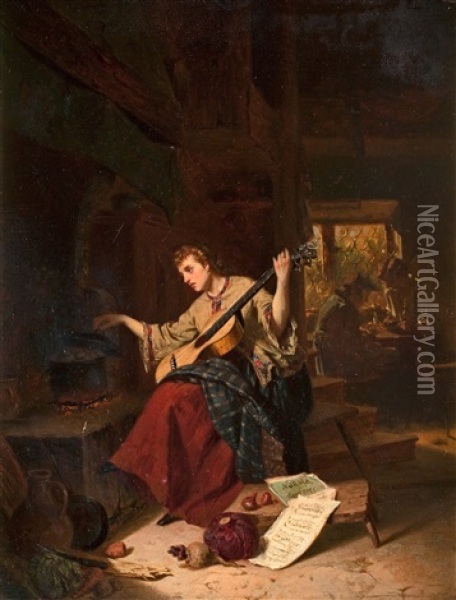 Koksinterior Med Gitarrspelande Kvinna Oil Painting - Carl Henrik d' Unker