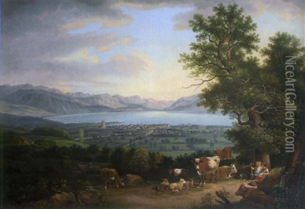 Vachers Pres D'un Lac Suisse (vevey?) Oil Painting - Johann Ludwig Aberli