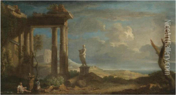 An Extensive Landscape With 
Figures Seated Beneath A Ruined Classical Temple, A Capriccio View Of 
The Colosseum And The Ocean Beyond Oil Painting - Jan Frans Van Bloemen (Orizzonte)