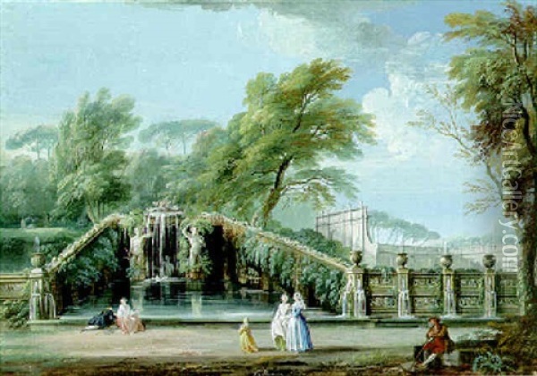 The Garden Of A Roman Villa With Figures By A Fountain Decorated With Atlanti Oil Painting - Jean Baptiste Lallemand