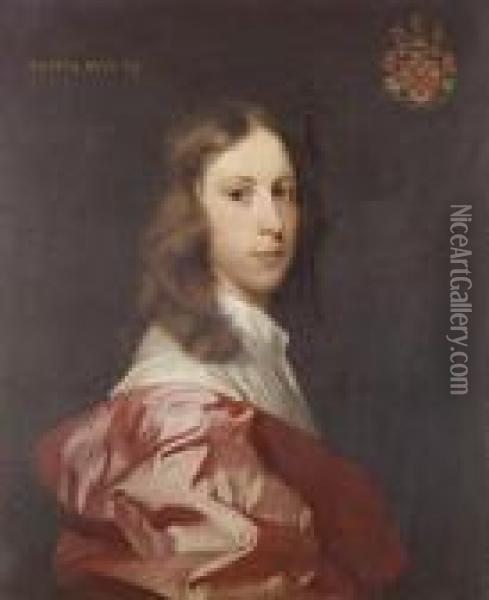Portrait Of A Youth, Said To Be 
Lord John Stuart, Half-length, In A White Shirt And A Burgundy Wrap Oil Painting - Gerard Soest
