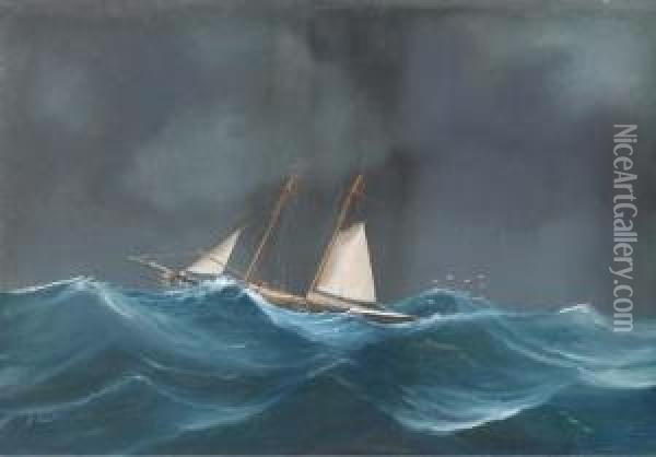 A Schooner Of The Royal Thames Yacht Club: At Sea; And Riding Outthe Gale Oil Painting - Luigi Roberto