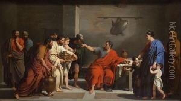 Marcus Curius Dentatus Weist Die
 Geschenke Der Samniter Zuruck Oil Painting - Jacques Louis David