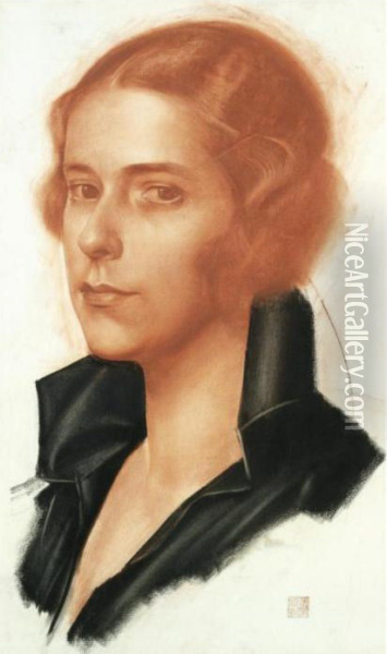 Portrait Of An Elegant Lady In A Black Shirt Oil Painting - Alexander Evgenievich Yakovlev