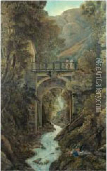 Personnages Sur Un Pont Contemplant Un Torrent Oil Painting - Abraham Louis R. Ducros