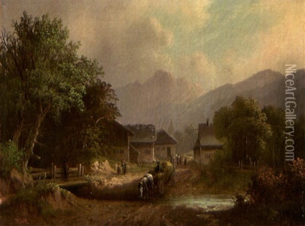 Ein Pferdefuhrwerk Uberquert Eine Furt, Im Hintergrund Gebirge Und Ein Dorf Oil Painting - Anton Doll