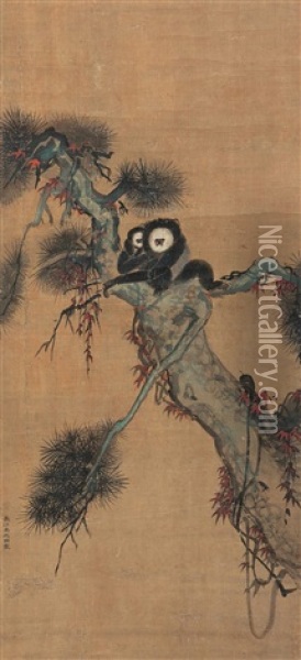 Monkeys On A Pine Tree Oil Painting -  Yi Yuanji