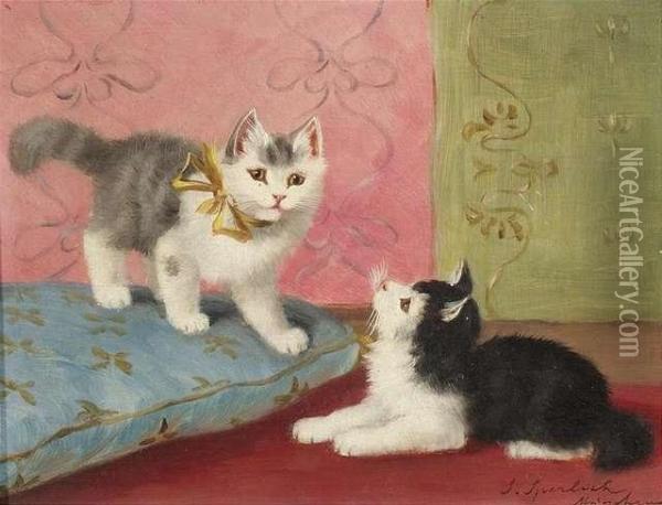 Two Kittens With A Blue Pillow Oil Painting - Sophie Sperlich
