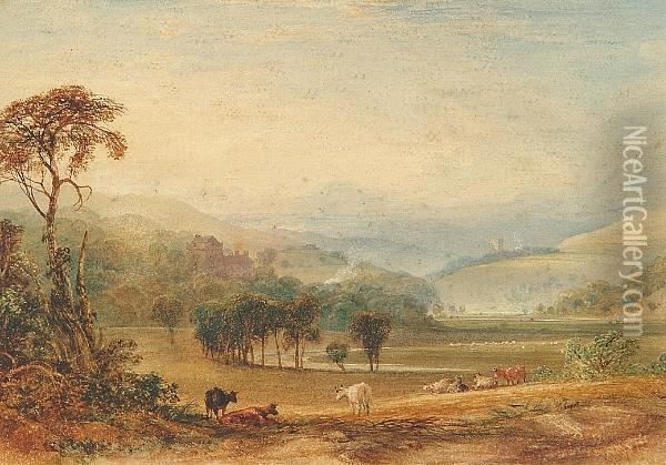 An Extensive River Landscape 
With Cattle Grazing In The Foreground, Sheep And Hills In The Distance Oil Painting - Anthony Vandyke Copley Fielding