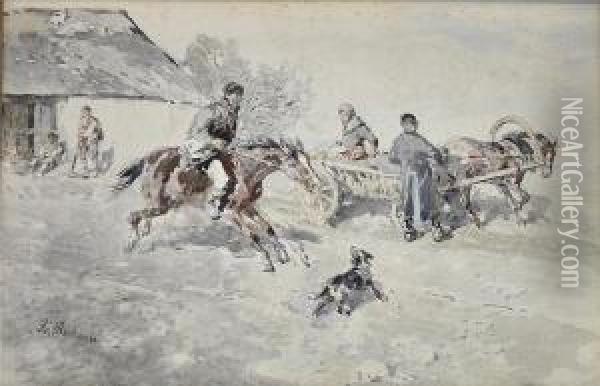 Estlandischebauern, Mit Ihren Pferden Vor Gehoft Oil Painting - Gregor Von Bochmann