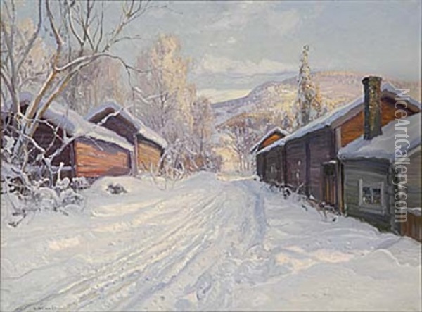 Vinterlandskap Med Roda Timmerstugor Oil Painting - Carl Brandt