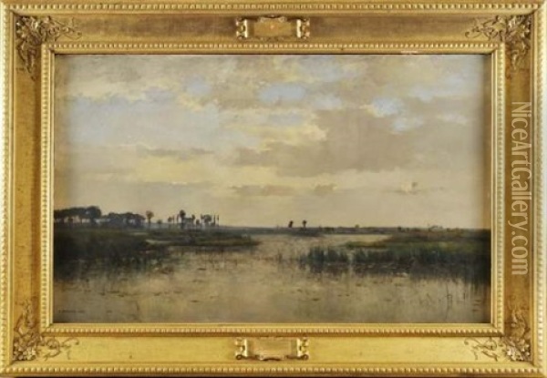 Soleil Couchant Dans Les Marais Du Nord, A Arleux Oil Painting - Pierre Emmanuel Eugene Damoye