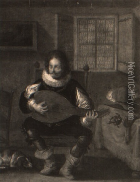 A Gentleman Playing A Lute In An Interior Oil Painting - Jan Olis