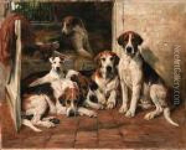 Hours Of Idleness; Foxhounds And A Terrier In A Kennel Oil Painting - John Emms
