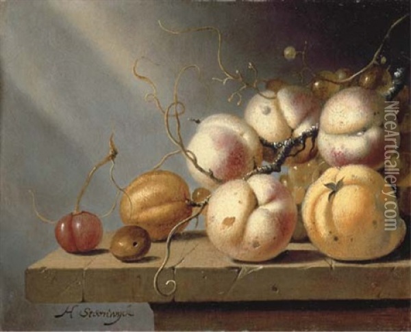 A Cherry, A Hazelnut, A Lemon, An Apricot, Peaches And Grapes On A Stone Ledge Oil Painting - Harmen Steenwyck