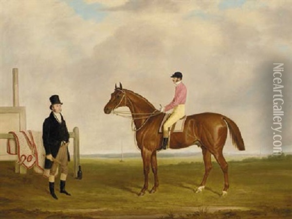 A Chestnut Racehorse With Jockey Up, And A Trainer, On A Racecourse Oil Painting - James (of Bath) Loder