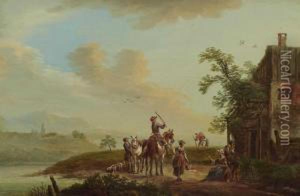 Flusslandschaft Mit Rastenden Reitern Vor Einem Bauernhaus Oil Painting - Franz Hochecker