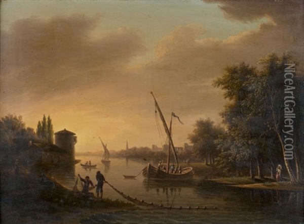 Pecheurs Et Navires Dans Un Estuaire Oil Painting - Jean-Baptiste Deperthes