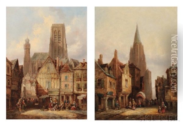 Two Village Square Scenes Oil Painting - Heinrich Hermann