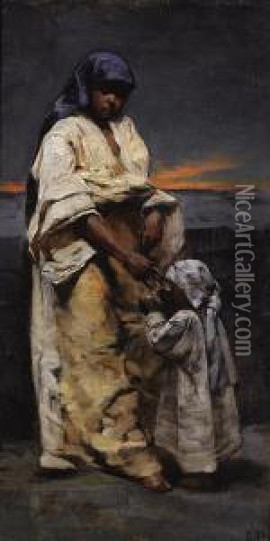 Mother And Child, Evening Desert Oil Painting - Charles Sprague Pearce