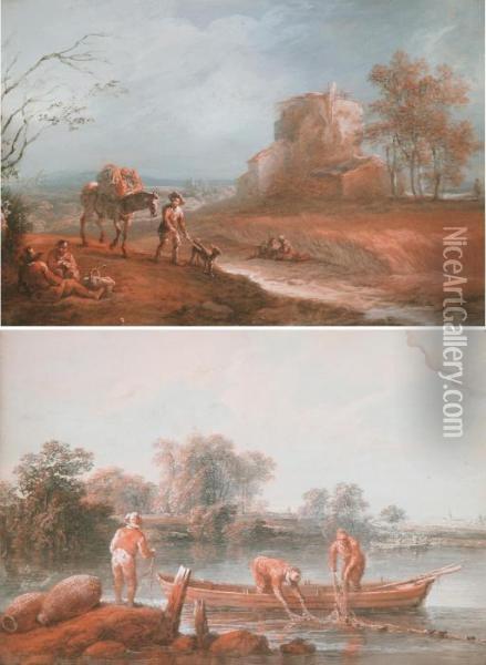 Pastorala Scener Med Fiskare Och Vandrare Oil Painting - Jean-Baptiste Pillement