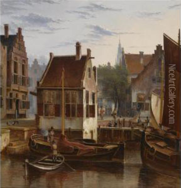 The 'goslerhuisje' On The Antoniesluis Near The Jodenbreestraat, Amsterdam Oil Painting - George Pieter Westenberg