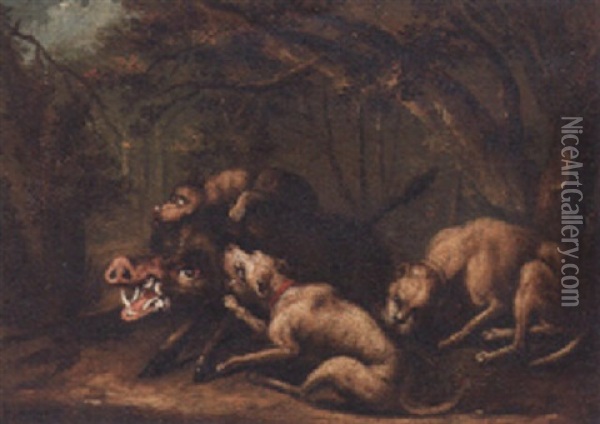 Hounds Attacking A Boar Oil Painting - Johann Elias Ridinger