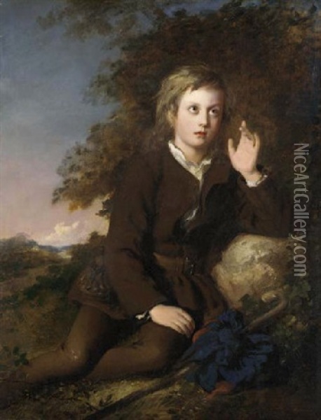 A Young Boy Resting In A Wooded Landscape Oil Painting - Frederick Newenham
