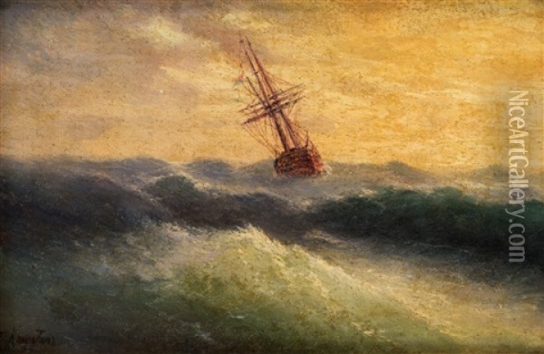 Storm. A Ship At Sea Oil Painting - Grigorij Kapustin