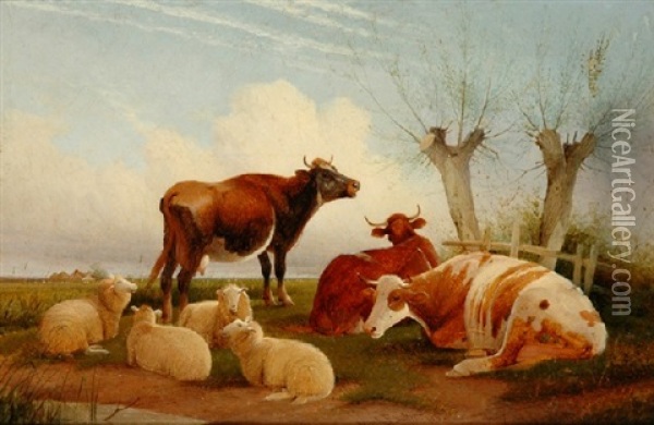Cattle And Sheep In A Landscape Oil Painting - Frederick E. Valter