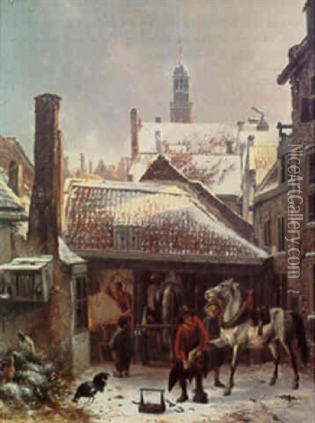 Winter: A Blacksmith At Work In A Yard, With The Buurtkerk, Utrecht, Beyond Oil Painting - Abraham Hendrik Winter