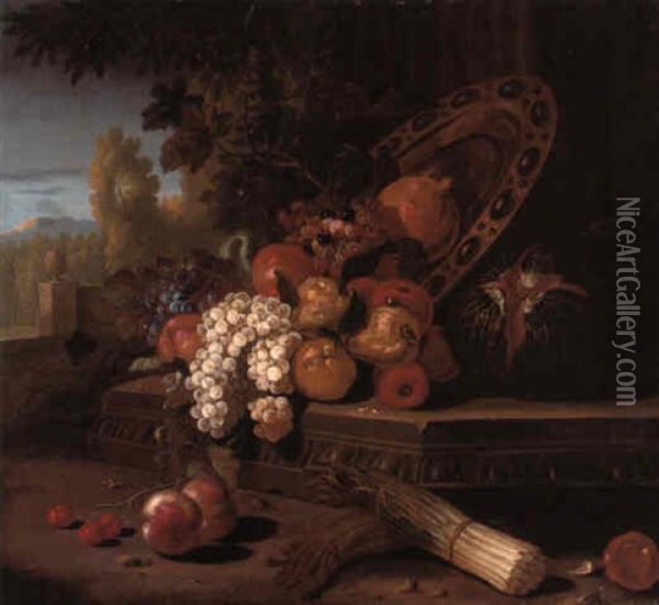 Grapes And Other Fruit With A Platter On A Ledge With Vegetables Oil Painting - Pieter Casteels III
