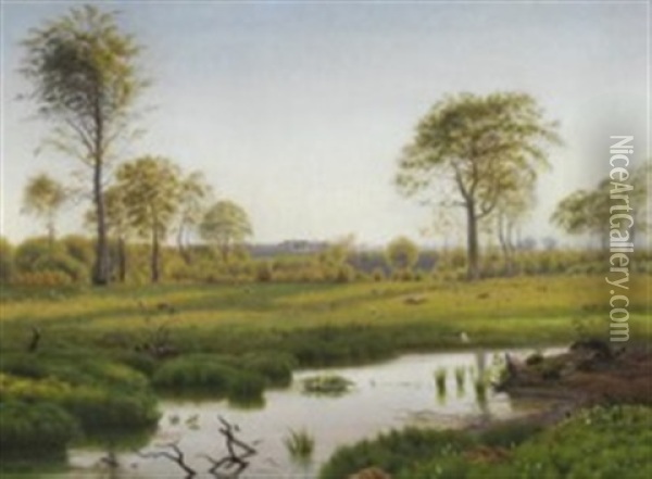 Summer Landscape With Storks On The Meadow Oil Painting - Vilhelm Peter Karl Kyhn
